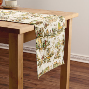 French Creme Toile Chinoiserie Style Rustic Long Table Runner