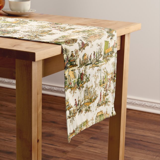 French Creme Toile Chinoiserie Style Rustic  Long Table Runner (In Situ)