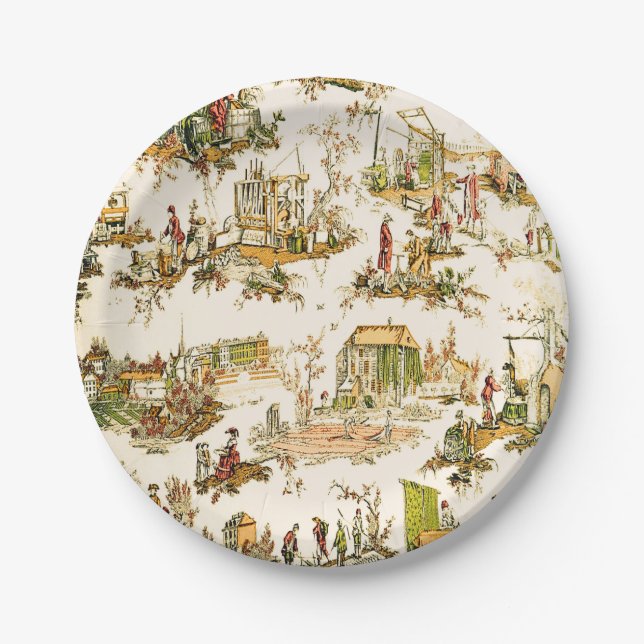 French Creme Toile Chinoiserie Style Rustic  Paper Plates (Front)