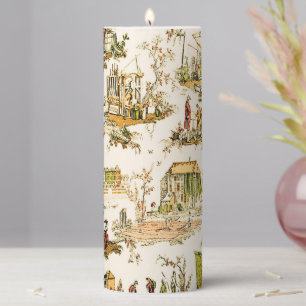 French Creme Toile Chinoiserie Style Rustic Pillar Candle