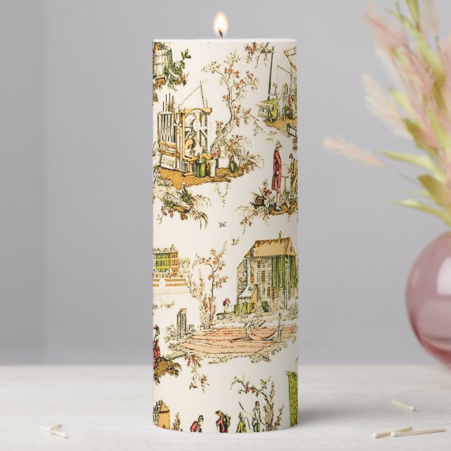 French Creme Toile Chinoiserie Style Rustic  Pillar Candle (In Situ)