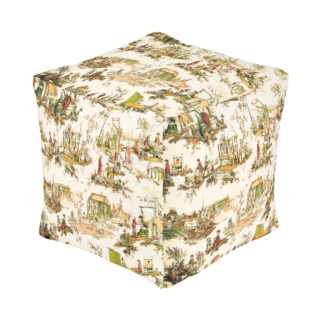 French Creme Toile Chinoiserie Style Rustic  Pouf (Angled Front)