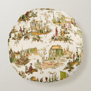 French Creme Toile Chinoiserie Style Rustic  Round Pillow