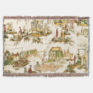 French Creme Toile Chinoiserie Style Rustic  Throw Blanket