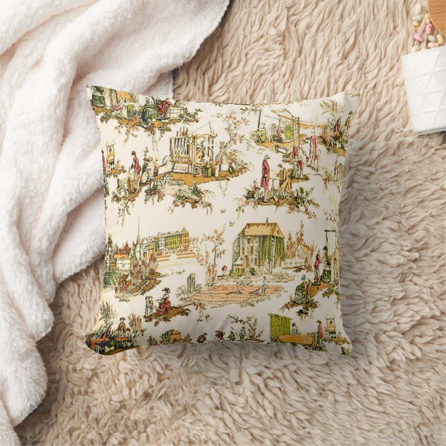 French Creme Toile Chinoiserie Style Rustic  Throw Pillow (Blanket)