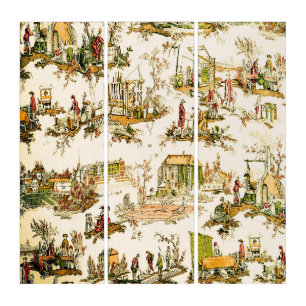 French Creme Toile Chinoiserie Style Rustic Triptych