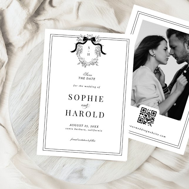 French Crest Coquette Bow Monogram QR Code Wedding Save The Date (Creator Uploaded)