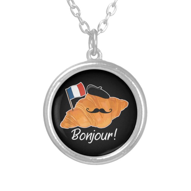 French Croissant Lover France Flag Francophile  Silver Plated Necklace (Front)