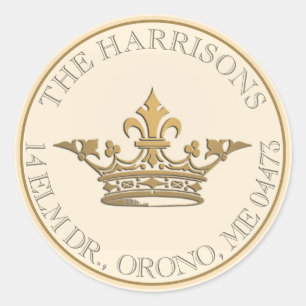 French Crown Metallic Gold Return Address Classic Round Sticker