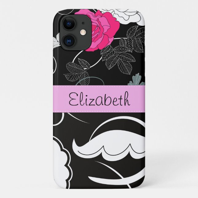French Damask, Flowers, Black and White, Your Name Case-Mate iPhone Case (Back)