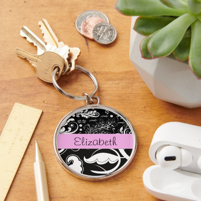 French Damask, Flowers, Black and White, Your Name Keychain (Desk)