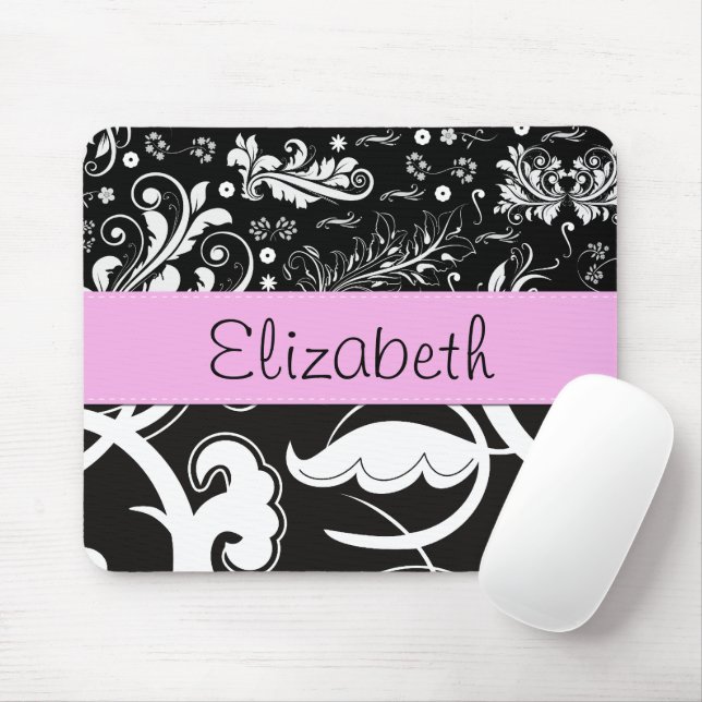 French Damask, Flowers, Black and White, Your Name Mouse Pad (With Mouse)