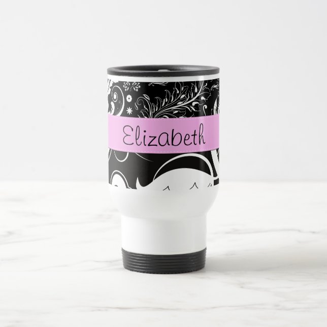 French Damask, Flowers, Black and White, Your Name Travel Mug (Center)