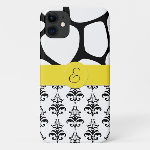 French Damask Giraffe Black and White Monogram iPhone 11 Case