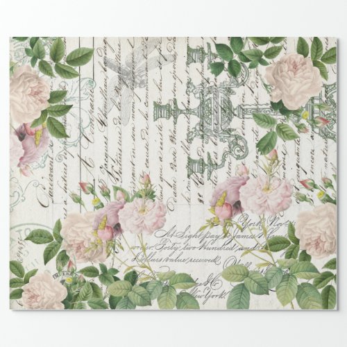 FRENCH DAMASK ROSES AND SCRIPT DECOUPAGE WRAPPING PAPER