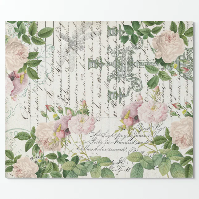 FRENCH DAMASK ROSES AND SCRIPT DECOUPAGE WRAPPING PAPER | Zazzle