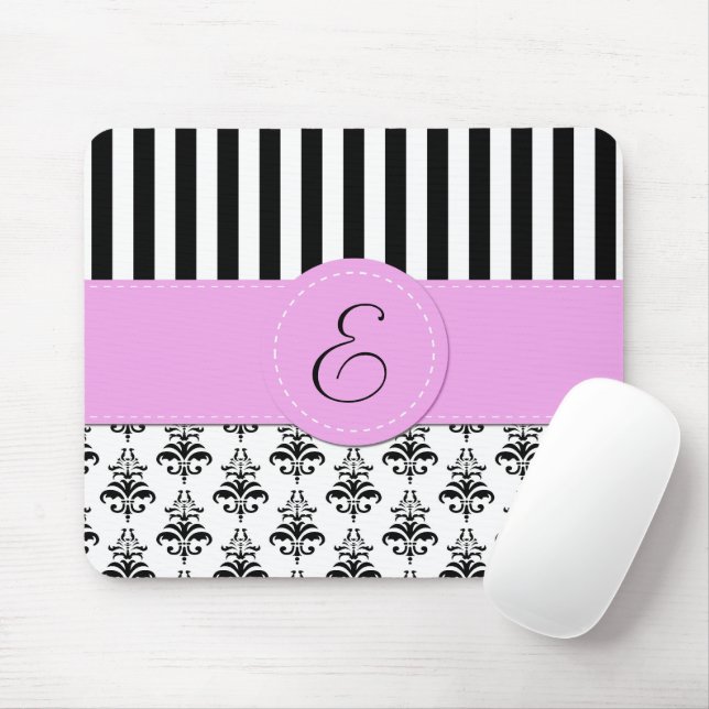 French Damask, Stripes, Black and White, Monogram Mouse Pad (With Mouse)