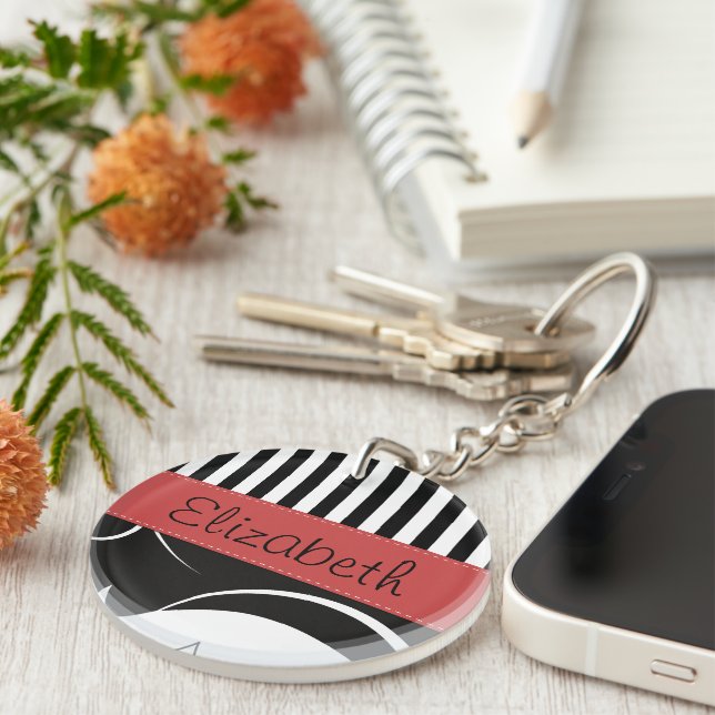 French Damask, Stripes, Black and White, Your Name Keychain (Front Right)