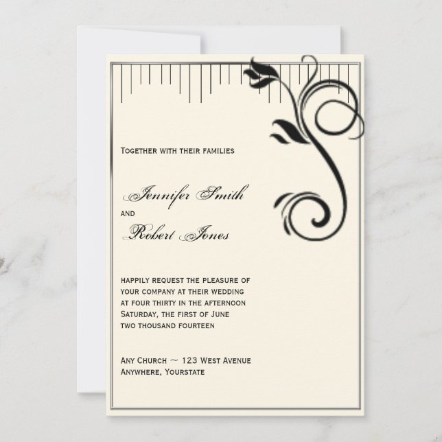 French Deco Rose Black Cream Wedding Invitation (Front)