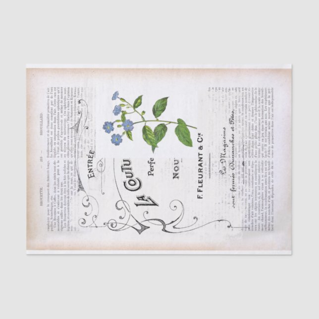 French Dictionary Page Text Blue Flower Decoupage  Tissue Paper (Front)