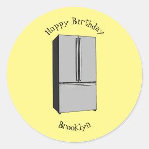 French door refrigerator cartoon illustration classic round sticker