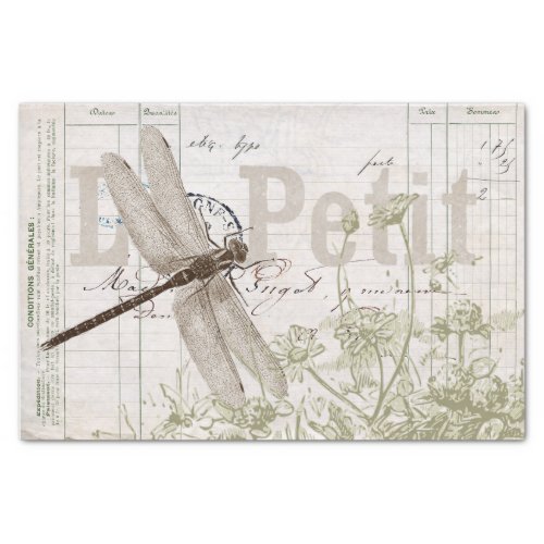 French Dragonfly Wildflower Decoupage Vintage  Tissue Paper