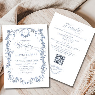French Dusty Blue All In One QR Code Wedding Invitation