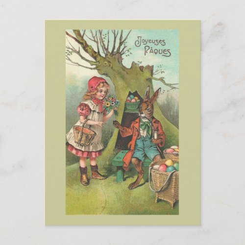 French Easter Bunny With Pipe Vintage Holiday Postcard