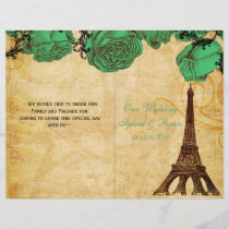 French Eiffel tower green  folded Wedding program