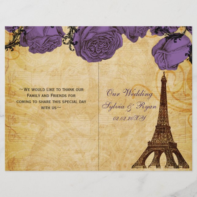 French Eiffel tower purple folded Wedding program (Front)