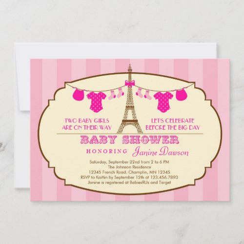 French Eiffel Tower Twin Baby Shower Invitation