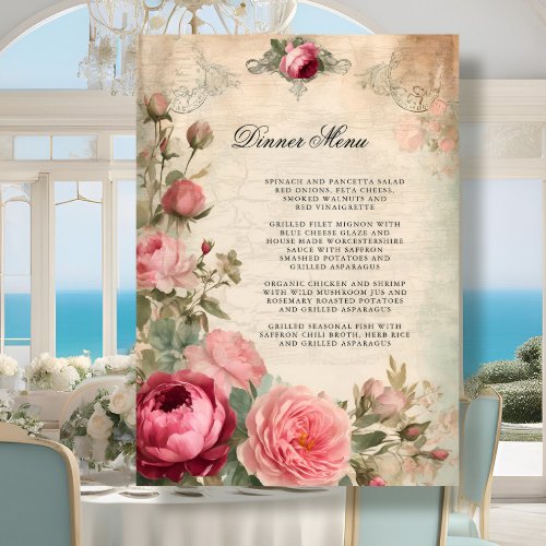 French Elegant Floral Blue Vintage Wedding Menu Invitation