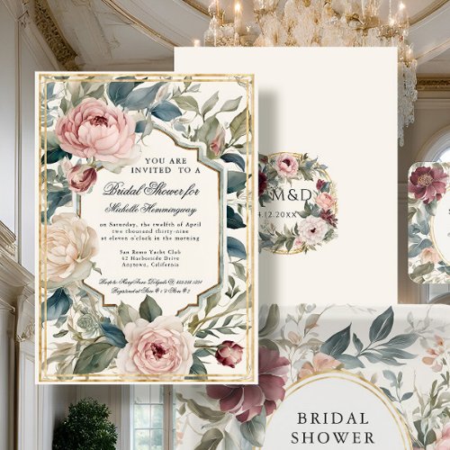 French Elegant Floral Pink and Gold Bridal Shower Invitation