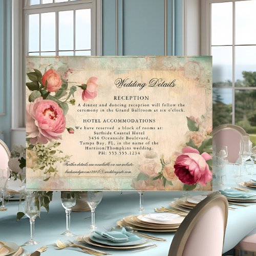 French Elegant Floral Vintage Blue Wedding Details Enclosure Card