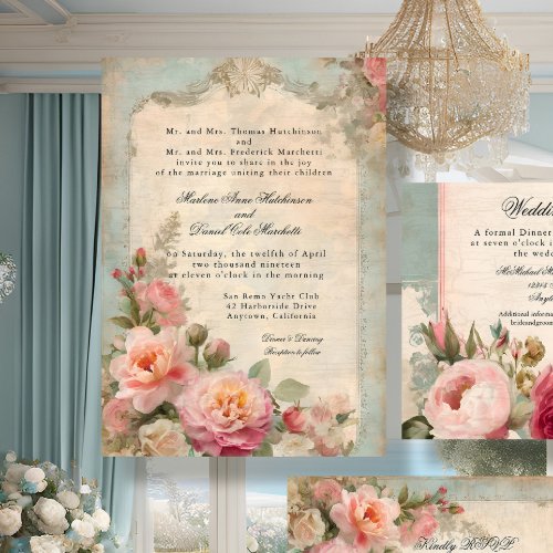 French Elegant Floral Vintage Junk Journal Wedding Invitation