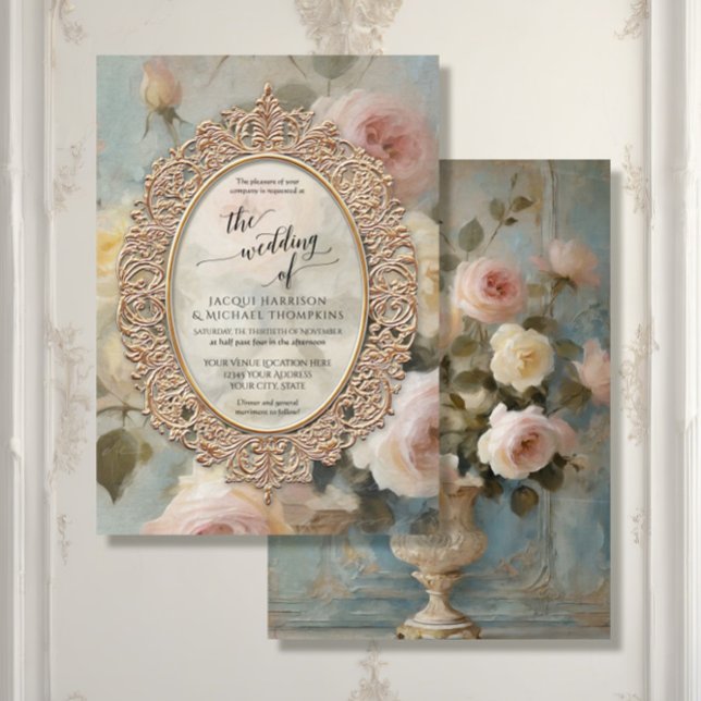  French Elegant Floral Vintage Rose Bouquet Gold Invitation (Creator Uploaded)