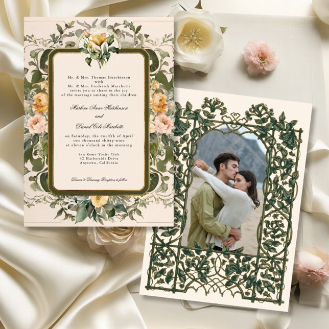 French Elegant Vintage Floral Yellow Sage Wedding Invitation (Creator Uploaded)