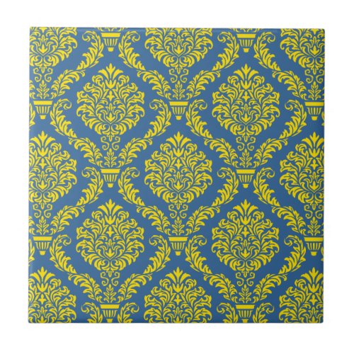 French Empire Damask in Azure Blue and Yellow Tile