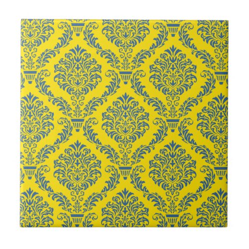 French Empire Damask in Azure Blue and Yellow Tile