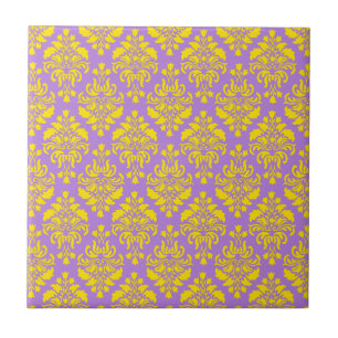 French Empire Damask in Yellow and Azure Blue Tile