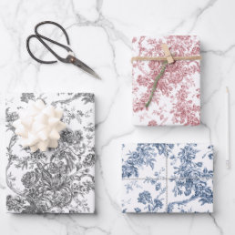 French Engraved Floral Toile-Grey, Pink, Blue Wrapping Paper Sheets