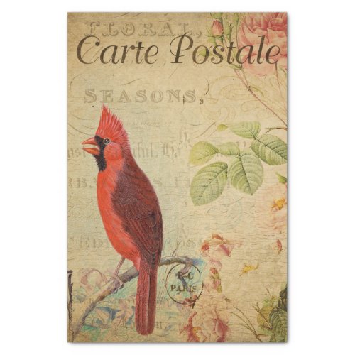 French Ephemera Cardinal Bird Pink Roses Decoupage Tissue Paper