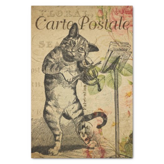 French Ephemera Cat Playing Fiddle Roses Decoupage
