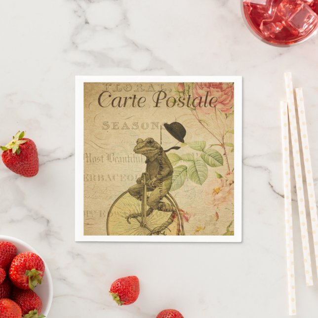 French Ephemera Frog Riding Bicycle Floral  Napkins (Insitu)