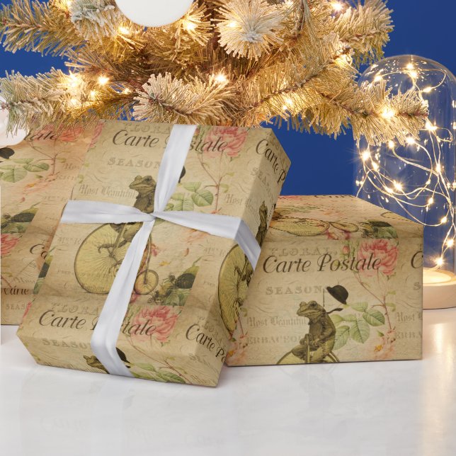 French Ephemera Frog Riding Bicycle Floral Wrapping Paper (Holidays)