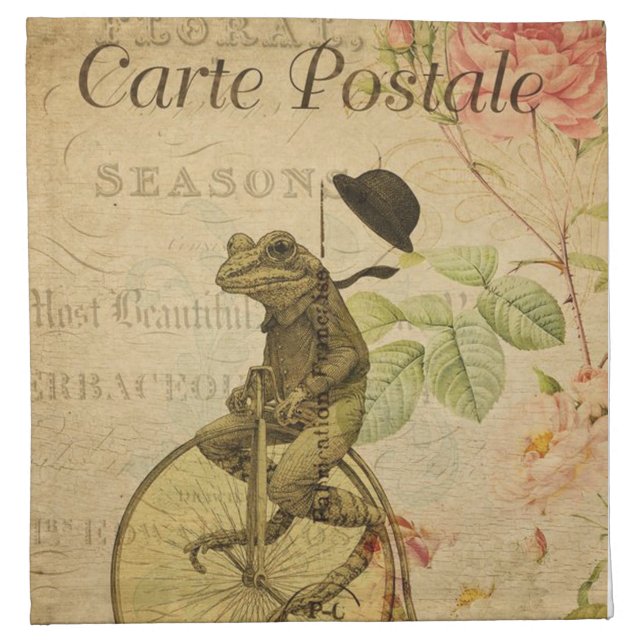 French Ephemera Frog Riding Bicycle Rose  Cloth Napkin (Front)