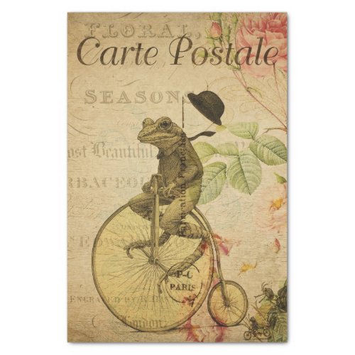 French Ephemera Frog Riding Bicycle Rose Decoupage Tissue Paper