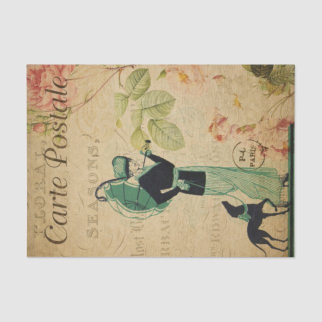 French Ephemera Lady Whippet Dog Floral Decoupage Tissue Paper (Front)