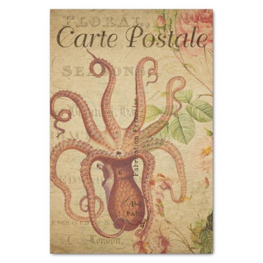 French Ephemera Octopus Squid Pink Roses Decoupage