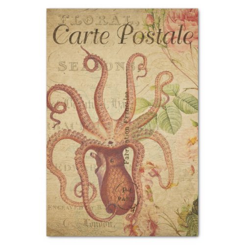 French Ephemera Octopus Squid Pink Roses Decoupage Tissue Paper